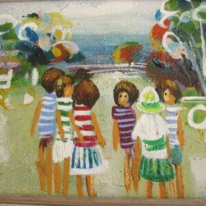 Signed Goldner Original Painting on Canvas Naif Children at Lake Framed 16x15